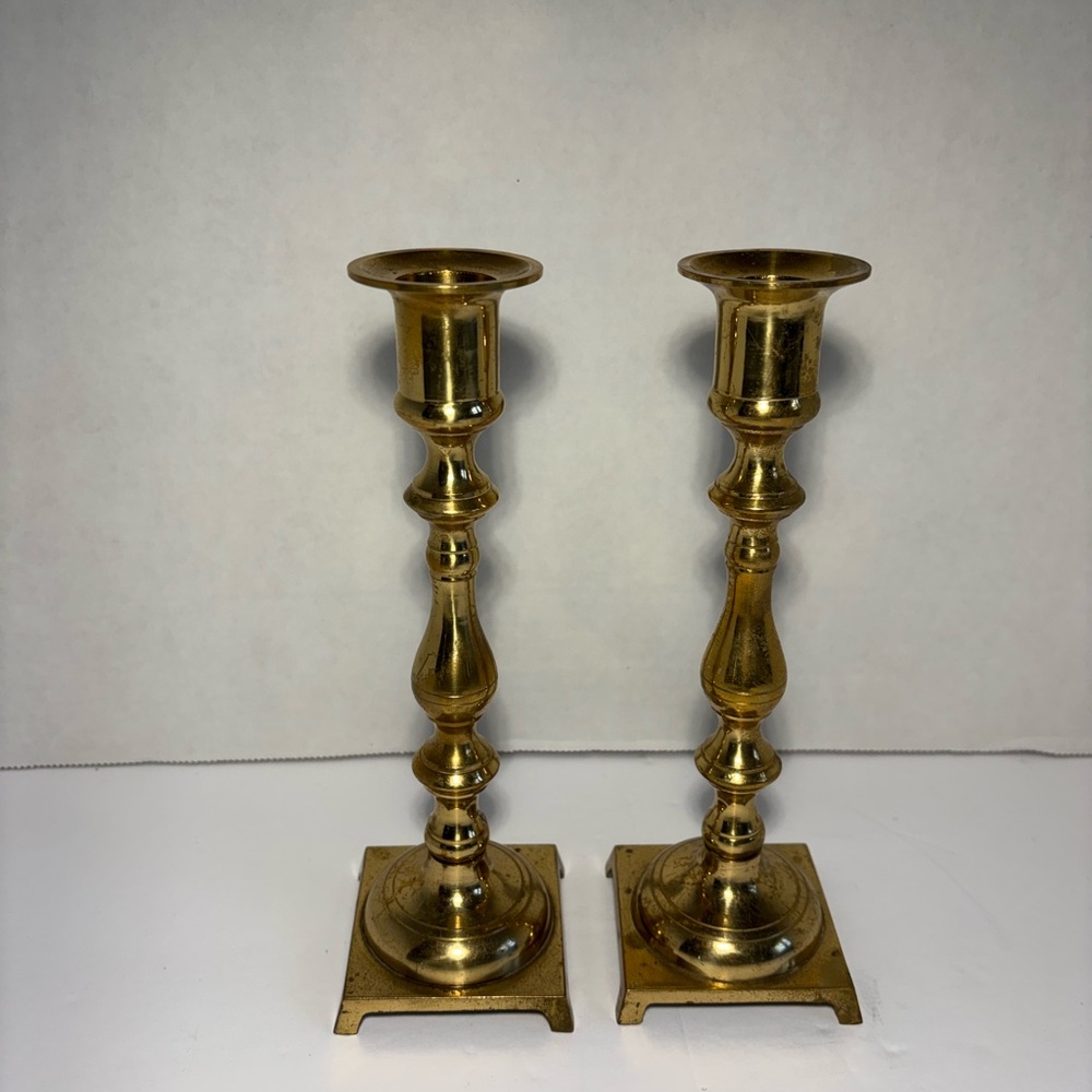 Vintage Brass Candlestick Holders Japan Square Base 7.5” Set Of Two